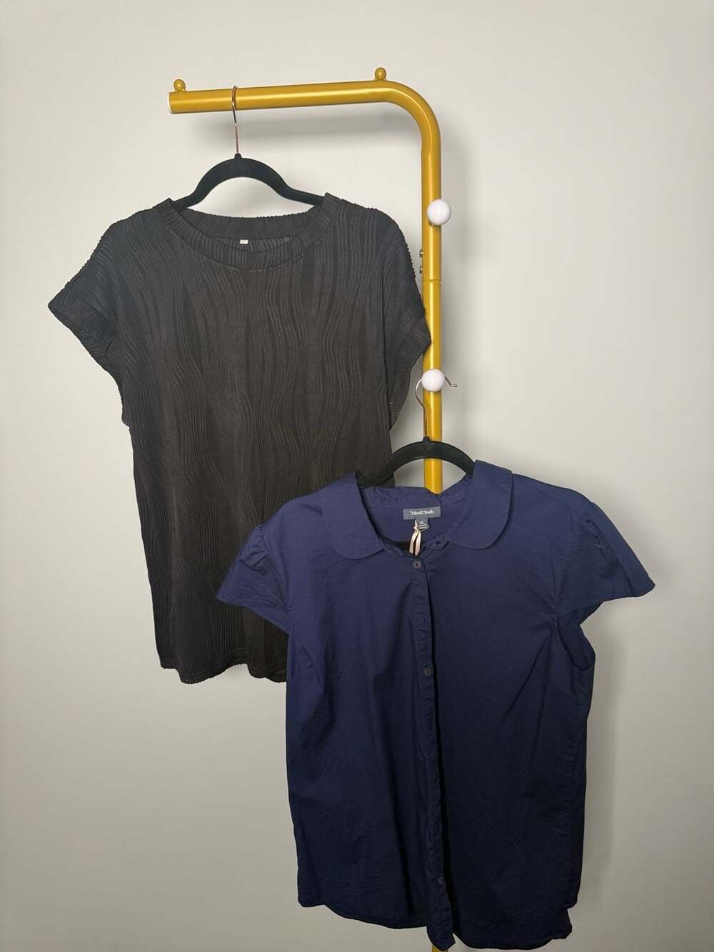 Lot ModCloth Navy Blue Peter Pan Collar Button Down Shirt and black top XL